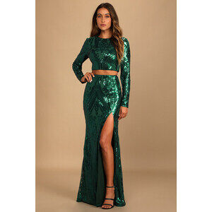 Luxe Aesthetic Green Sequin Long Sleeve Two-Piece Maxi Dress
